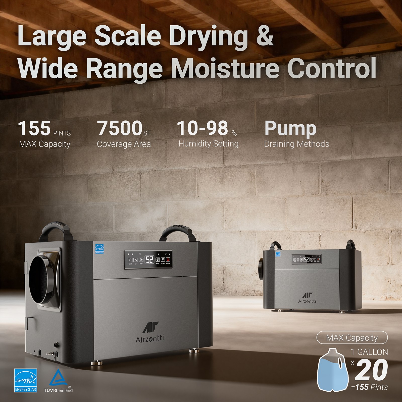 155 Pints Dehumidifier with Pump and Drain Hose