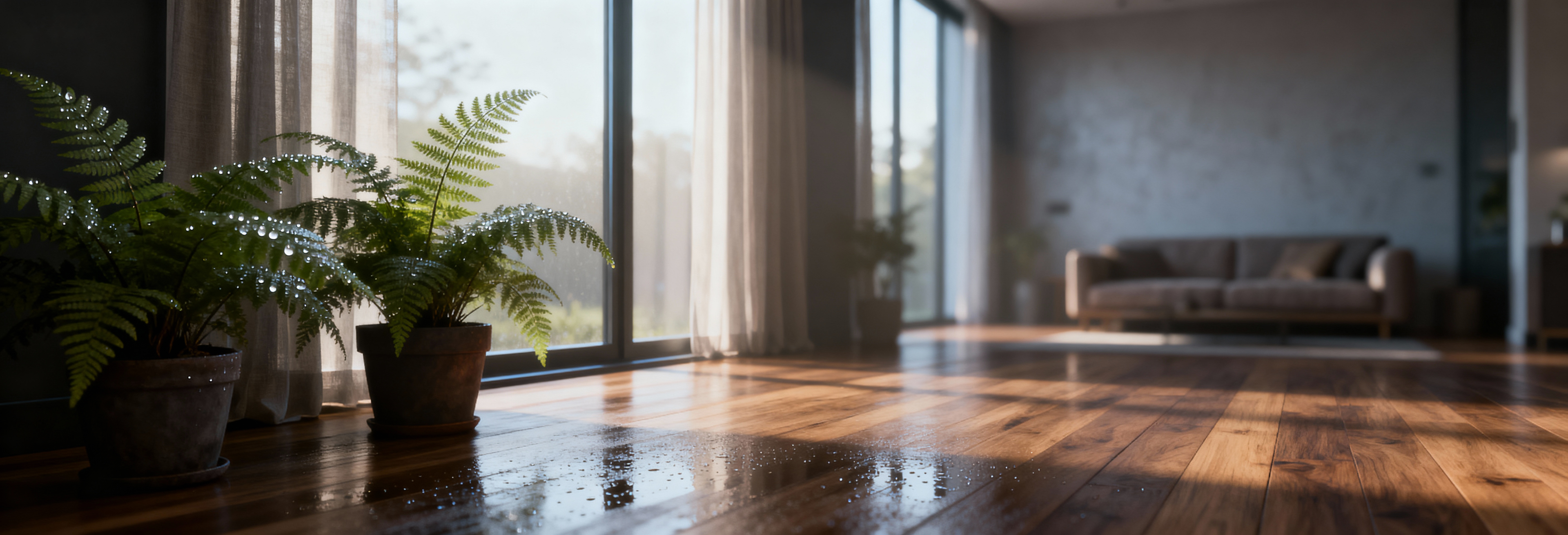 Airzentti Home Interior Wet Humid Living Room area with sofa and plants. A space that needs dehumidifying.